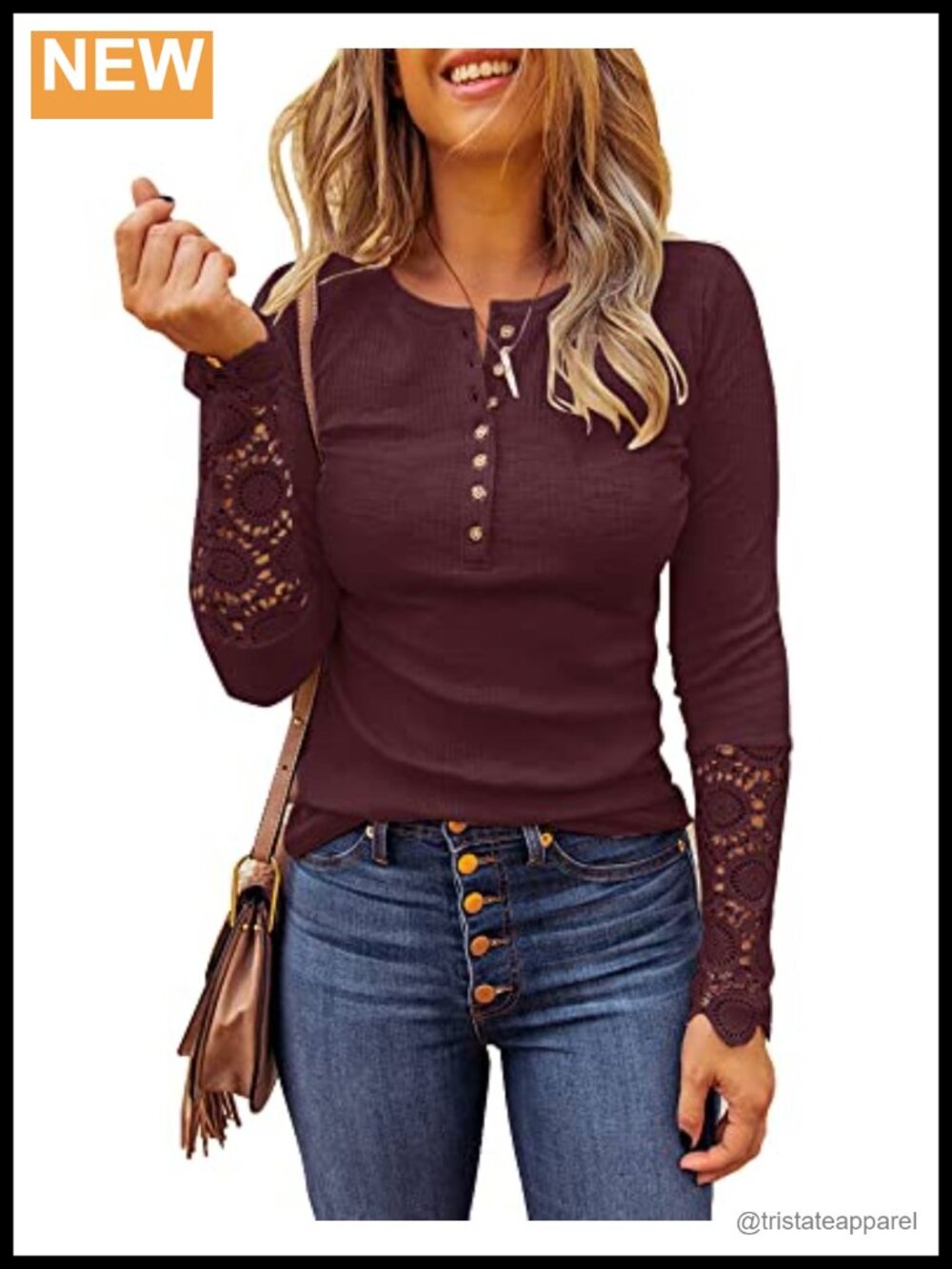 Lace Trim Tunic Long Sleeve Button Down Casual Blouse Ribbed Crew Neck Shirt